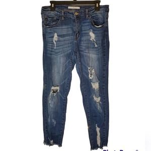 KANCAN Dark Blue Distressed Skinny Raw Hem Denim Jeans 15/31